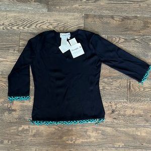 NWT Joseph A. V-neck Knit sweater with beaded fringe on arms and waist